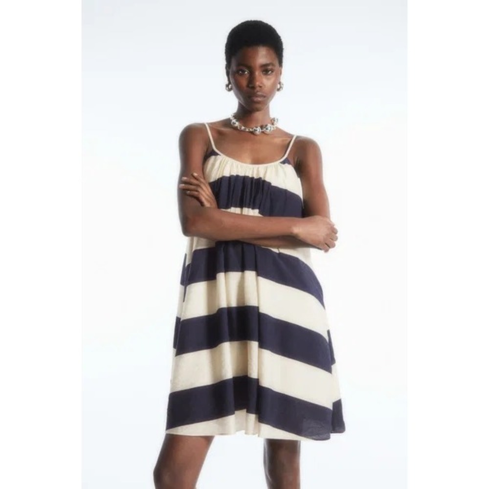 COS Gathered Strappy Mini Dress EU 34 US XS Navy Cream Nautical Stripe Swing